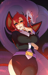 Rule 34 | 1girl, alternate color, arbok, ariana (pokemon), belt, breasts, cowboy shot, creatures (company), desireeu, earrings, fangs, forked tongue, game freak, gen 1 pokemon, glowing, glowing eyes, highres, jewelry, large breasts, looking at viewer, nail polish, nintendo, open mouth, patreon username, pokemon, pokemon (creature), pokemon masters ex, red eyes, red hair, sparkle, team rocket, team rocket uniform, thick thighs, thighs, tongue