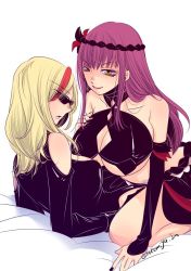 Rule 34 | 10s, 2girls, arm support, arm warmers, bare shoulders, black nails, blonde hair, blush, breasts, cleavage, cleavage cutout, closed mouth, clothing cutout, collarbone, eyebrows, girl on top, glasses, hair ornament, hand on own chest, hasami rein, highres, huge breasts, lady j, large breasts, leaning forward, lips, long hair, looking at viewer, looking to the side, lying, multicolored hair, multiple girls, nail polish, on back, profile, purple hair, red hair, simple background, smile, streaked hair, sunglasses, takemiya jin, underboob, valkyrie drive, valkyrie drive -mermaid-, very long hair, white background, yellow eyes, yuri