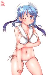 Rule 34 | 1girl, bikini, blue eyes, blue hair, blush, breasts, cleavage, commentary request, cosplay, cowboy shot, dated, double bun, hair bun, hat, highres, kanon (kurogane knights), kantai collection, large breasts, navel, one eye closed, sailor hat, side-tie bikini bottom, simple background, smile, solo, swimsuit, urakaze (kancolle), white background, white bikini, wink, z3 max schultz (kancolle), z3 max schultz (kancolle) (cosplay)