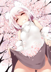 Rule 34 | 1girl, ^ ^, animal ears, blush, breasts, cherry blossoms, closed eyes, clothes lift, detached sleeves, facing viewer, gluteal fold, grin, inubashiri momiji, no headwear, no panties, petals, pom pom (clothes), short hair, skirt, skirt basket, skirt lift, small breasts, smile, solo, standing, terazip, touhou, tree, white hair, wolf ears