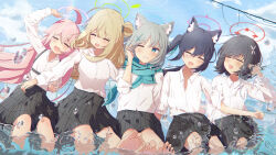 5girls :d ^_^ ahoge animal_ear_fluff animal_ears arm_up ayane_(blue_archive) barefoot black_bow black_hair black_skirt blue_archive blue_eyes blue_halo blue_ribbon blue_scarf blue_sky bow bright_pupils brown_hair cat_ears closed_eyes cloud collared_shirt commentary_request cowlick cross_hair_ornament day dress_shirt facing_viewer floating_hair foot_out_of_frame foreclosure_task_force_(blue_archive) fringe_trim green_halo grey_hair hair_between_eyes hair_bow hair_bun hair_ornament hair_ribbon halo hand_up happy highres hoshino_(blue_archive) kabomeel_lse long_hair long_sleeves looking_at_viewer medium_hair multiple_girls nonomi_(blue_archive) one_eye_closed open_mouth outdoors parted_lips pink_hair pink_halo plaid_clothes plaid_skirt railing red_halo ribbon scarf school_uniform serika_(blue_archive) shiroko_(blue_archive) shirt short_hair side-by-side single_hair_bun sitting skirt sky sleeves_rolled_up smile soaking_feet soles splashing toes twintails v very_long_hair water water_drop white_pupils white_shirt wind wolf_ears