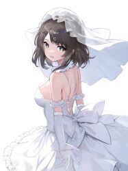 Rule 34 | 1girl, backless dress, backless outfit, bare shoulders, breasts, bridal veil, bride, brown eyes, brown hair, copyright request, dress, elbow gloves, frilled dress, frills, gloves, highres, long wuxian, looking at viewer, looking to the side, medium breasts, see-through, simple background, smile, solo, swept bangs, veil, wedding dress, white background, white dress, white gloves