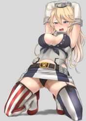 Rule 34 | 10s, 1girl, armpits, arms behind head, arms up, bad id, bad twitter id, blonde hair, blue eyes, blush, breasts, cleavage, cleavage cutout, clothing cutout, detached sleeves, elbow gloves, garter straps, gloves, iowa (kancolle), kantai collection, kneeling, large breasts, long hair, miniskirt, panties, pantyshot, pinta (ayashii bochi), skirt, solo, squatting, star-shaped pupils, star (symbol), symbol-shaped pupils, thighhighs, thong, underwear, zettai ryouiki