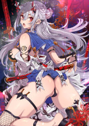 Rule 34 | 1girl, ass, blue skirt, breasts, clothing request, commentary, commentary request, demon girl, fang, fangs, fangs out, grey hair, horns, knife, large breasts, leaf, looking at viewer, oni, open mouth, original, pointy ears, red eyes, red horns, sheath, sideboob, skirt, sparkle, star (sky), sword, tajima ryuushi, tassel, tattoo, thighs, thong, throwing knife, tongue, weapon, weapon request