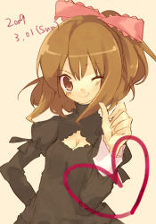 Rule 34 | 1girl, black dress, blush, bow, breasts, brown eyes, brown hair, cleavage, cleavage cutout, clothing cutout, dress, hair bow, head tilt, heart, long sleeves, looking at viewer, one eye closed, original, pink bow, retei, small breasts, solo, wink