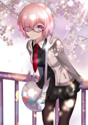 Rule 34 | 1girl, besmiled, black dress, black pantyhose, blue-framed eyewear, cardigan, dress, fate/grand order, fate (series), hair over one eye, leaning forward, mash kyrielight, necktie, open cardigan, open clothes, pantyhose, pink hair, pleated dress, purple eyes, red necktie, short dress, short hair, smile, solo, standing