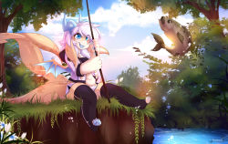Rule 34 | 1girl, artist name, black thighhighs, blue eyes, blue tongue, colored tongue, day, fins, fish, fish tail, fishing, fishing rod, furry, furry female, highres, holding, holding fishing rod, horns, long hair, nami (teranen), open mouth, original, outdoors, shark tail, sitting, smile, solo, tail, teranen, thighhighs, tongue, tongue out, white hair