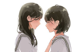 Rule 34 | 2girls, ahoge, bad id, bad tumblr id, black hair, blush, brown eyes, expressionless, fly 333, from side, hair over shoulder, half-closed eyes, hand on another&#039;s shoulder, long hair, multiple girls, original, parted lips, profile, red eyes, sailor collar, school uniform, serafuku, shirt, short hair, short sleeves, simple background, upper body, white background, white shirt, yuri