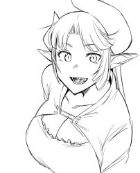 Rule 34 | 1girl, :d, breasts, character request, cleavage, cleavage cutout, clothing cutout, collarbone, demon girl, female focus, fukumaaya, greyscale, horns, large breasts, long hair, looking at viewer, monochrome, open mouth, pointy ears, sharp teeth, simple background, smile, solo, teeth, upper body, white background