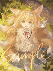 Rule 34 | 1girl, absurdres, animal ear fluff, animal ears, arknights, blonde hair, blue hairband, blue skirt, brown jacket, commentary request, dafeiwurenkundexiangsi, day, flower, fox ears, fox girl, fox tail, frilled hairband, frills, hair between eyes, hairband, highres, holding, holding flower, jacket, kitsune, long hair, looking at viewer, neck ribbon, open clothes, open jacket, outdoors, pantyhose, procreate (medium), red ribbon, ribbon, sample watermark, shirt, skirt, solo, suzuran (arknights), suzuran (spring praise) (arknights), tail, watermark, white flower, white pantyhose, white shirt, yellow eyes