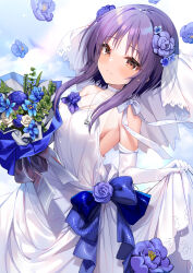 Rule 34 | bare shoulders, blue bow, blue flower, blush, bouquet, bow, bow choker, bra-ban!, breasts, bridal veil, brown eyes, cleavage, commentary, dress, elbow gloves, english commentary, flower, gloves, hair flower, hair ornament, hecha (01964237), highres, holding, holding bouquet, jewelry, medium breasts, mikage sumi, necklace, purple hair, sideboob, sidelocks, sky, smile, veil, waist bow, wedding dress, white bow, white dress, white gloves, yuzu-soft
