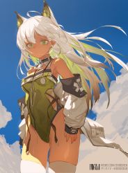 Rule 34 | 1girl, ahoge, animal ears, arknights, bare shoulders, breasts, closed mouth, cloud, colored inner hair, cowboy shot, dark-skinned female, dark skin, detached collar, dm (dai miao), extra ears, green eyes, green hair, green leotard, highres, jacket, kal&#039;tsit (arknights), leotard, light blush, long hair, looking at viewer, medium breasts, multicolored hair, off shoulder, open clothes, open jacket, solo, standing, stethoscope, strapless, strapless leotard, thighhighs, white hair, white jacket, white thighhighs