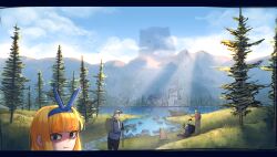 Rule 34 | 1girl, absurdres, animal, blonde girl (popopoka), blonde hair, blue hairband, blunt bangs, cane, cloud, dog, forest, frown, grass, hairband, highres, long hair, looking at viewer, mountain, nature, original, outdoors, popopoka, pout, river, solo focus, water