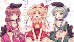 Rule 34 | 3girls, apron, artist name, ascot, back bow, black bow, black headwear, black legwear, blonde hair, blush, bow, breasts, brown hair, buttons, circle, closed mouth, collared shirt, commentary request, crystal, dress, eyes visible through hair, fang, flandre scarlet, frills, gradient background, green dress, green eyes, green footwear, green hair, hair between eyes, hair bun, hand up, hat, hat bow, highres, jewelry, kemo chiharu, looking at viewer, medium breasts, mob cap, multicolored wings, multiple girls, nishida satono, one eye closed, one side up, open mouth, orange background, pink bow, pink dress, pink eyes, puffy short sleeves, puffy sleeves, red bow, red dress, red eyes, red footwear, seiza, shirt, shoes, short hair, short hair with long locks, short sleeves, signature, single hair bun, sitting, snowflakes, socks, teireida mai, tongue, touhou, v, water drop, white apron, white background, white bow, white headwear, white legwear, white shirt, wings, wrist cuffs, yellow ascot, yellow bow