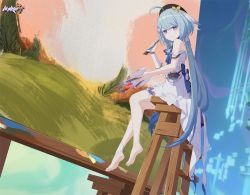 Rule 34 | 1girl, bare shoulders, barefoot, beret, black hat, blue hair, chair, closed mouth, dress, full body, griseo, griseo (starry impression), hat, highres, holding, holding brush, holding palette, honkai (series), honkai impact 3rd, long hair, looking at viewer, looking back, off shoulder dress, official art, painting (object), palette (object), purple eyes, sitting, soles, solo, twintails, white dress