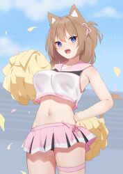 Rule 34 | 1girl, :d, absurdres, animal ear fluff, animal ears, blue eyes, blue sky, breasts, brown hair, cat ears, cat girl, cheerleader, cloud, commentary request, day, hair ribbon, hand on own hip, highres, hinata (user rjkt4745), holding, holding pom poms, medium breasts, midriff, navel, open mouth, original, outdoors, pink ribbon, pink skirt, pom pom (cheerleading), pom poms, ribbon, skirt, sky, smile, solo, standing, sweat, thigh strap, thighs