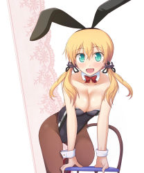 Rule 34 | 10s, 1girl, adapted costume, animal ears, bare shoulders, blonde hair, blush, bow, bowtie, breasts, chair, cleavage, detached collar, fake animal ears, green eyes, highres, kantai collection, leaning forward, leotard, long hair, looking at viewer, mono (mono60), open mouth, pantyhose, playboy bunny, prinz eugen (kancolle), rabbit ears, simple background, smile, solo, striped, striped background, twintails, wrist cuffs