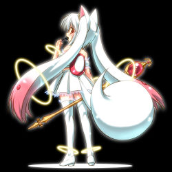 Rule 34 | 10s, 1girl, animal ears, bare shoulders, blush, eating, from behind, gradient hair, grief seed, kyubey, mahou shoujo madoka magica, mahou shoujo madoka magica (anime), multicolored hair, personification, pink hair, red eyes, scepter, shinjou satomi, simple background, solo, soul gem, tail, thighhighs, twintails, white hair, white thighhighs, zettai ryouiki