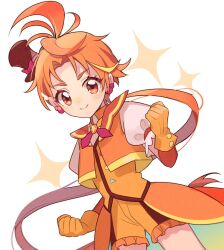Rule 34 | 1boy, clenched hands, commentary, cure wing, earrings, frilled shorts, frills, gloves, hat, hirogaru sky! precure, jewelry, kojikoji, long hair, magical boy, male focus, mini hat, mini top hat, orange gloves, orange shorts, parted bangs, ponytail, precure, puffy short sleeves, puffy sleeves, short sleeves, shorts, smile, solo, top hat, very long hair, yuunagi tsubasa