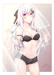 Rule 34 | 1girl, albino, arms up, bare shoulders, black bra, black panties, black ribbon, blush, bra, breasts, closed mouth, collarbone, cowboy shot, dated, expressionless, eyes visible through hair, girls&#039; frontline, gleam, gluteal fold, hair between eyes, hair ornament, hair ribbon, hairclip, head tilt, highres, holding, holding clothes, holding shirt, iws 2000 (girls&#039; frontline), light particles, long hair, looking at viewer, medium breasts, navel, p-mou, panties, red eyes, ribbon, see-through, shirt, sidelocks, simple background, solo, standing, stomach, thighs, underwear, undressing, white hair, white shirt