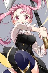 Rule 34 | 1girl, axe, blue thighhighs, breasts, female focus, fire emblem, fire emblem: three houses, garreg mach monastery uniform, grey background, hilda valentine goneril, holding, holding axe, holding weapon, large breasts, long hair, matching hair/eyes, nintendo, open mouth, pink eyes, pink hair, simple background, solo, thighhighs, thighs, tori55nigen, twintails, twitter username, uniform, weapon, zettai ryouiki