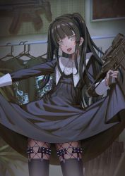 Rule 34 | 1girl, absurdres, black dress, black hair, black pantyhose, black shirt, brown eyes, clothes hanger, commentary request, dress, eyebrows hidden by hair, fishnet pantyhose, fishnets, gun, h&amp;k mp5, heart o-ring, highres, hironii (hirofactory), holding, holding gun, holding weapon, indoors, long hair, original, pantyhose, shirt, unworn shirt, skirt hold, solo, spikes, standing, submachine gun, tongue, tongue out, two side up, very long hair, weapon, weapon request