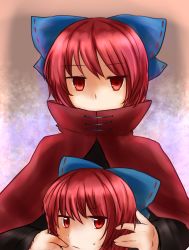 Rule 34 | 1girl, bow, cape, covered mouth, disembodied head, gradient background, hair bow, highres, holding head, koto (shiberia39), light frown, long sleeves, looking at viewer, red eyes, red hair, sekibanki, short hair, solo, sweatdrop, touhou