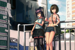 Rule 34 | 2girls, absurdres, animal ears, black legwear, breasts, brown eyes, brown hair, can, car, cellphone, cityscape, food, headphones, highres, holding, holding can, ice cream, looking at phone, lumian, motor vehicle, multiple girls, navel, original, phone, ponytail, purple eyes, shirt, short hair, shorts, skirt, standing, striped clothes, striped shirt, sweat, t-shirt, thighhighs