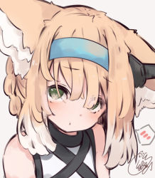 Rule 34 | :t, animal ear fluff, animal ears, arknights, bare shoulders, beni shake, blonde hair, blue hairband, blush, closed mouth, commentary request, eyes visible through hair, fox ears, green eyes, grey background, hair between eyes, hairband, looking at viewer, pout, shirt, simple background, sleeveless, sleeveless shirt, spoken blush, suzuran (arknights), upper body, white shirt
