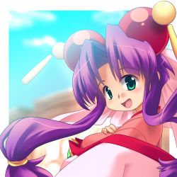 Rule 34 | 1990s (style), 1girl, cherry (saber j), green eyes, highres, japanese clothes, kimono, long hair, low-tied long hair, ootsuki ren, purple hair, retro artstyle, saber marionette j, solo