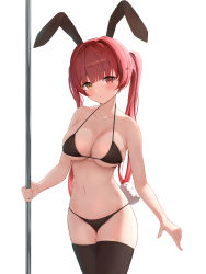 Rule 34 | 1girl, absurdres, alternate costume, animal ears, bikini, black bikini, black thighhighs, blush, breasts, closed mouth, collarbone, heterochromia, highres, hololive, houshou marine, large breasts, navel, nontraditional playboy bunny, pole, rabbit ears, rabbit tail, red eyes, red hair, simple background, solo, stomach, stripper pole, swimsuit, tail, thighhighs, tokutokenzen, twintails, virtual youtuber, white background, yellow eyes