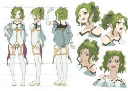 Rule 34 | 1girl, bare shoulders, boots, capelet, character sheet, collarbone, dress, elbow gloves, expressions, fire emblem, fire emblem: the sacred stones, full body, gloves, green eyes, green hair, hand on own hip, highres, hoshigaki (hsa16g), l&#039;arachel (fire emblem), multiple views, nintendo, open mouth, teeth, thigh boots, white background, white dress, white gloves