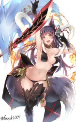 Rule 34 | 10s, 1girl, :d, animal ears, arm up, armpits, bare shoulders, barefoot, bell, blue hair, blush, breasts, choker, elbow gloves, erune, fangs, fire, fox ears, fox shadow puppet, fox tail, gloves, granblue fantasy, hair bell, hair ornament, highres, jewelry, leaning forward, leg up, long hair, nanahara fuyuki, navel, open mouth, purple hair, red eyes, smile, solo, sword, tail, thigh gap, thighhighs, weapon, yuel (granblue fantasy)
