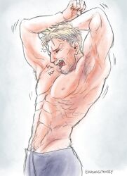 Rule 34 | 1boy, abs, alternate facial hair, armpit stubble, arms up, bara, beard stubble, blonde hair, cowboy shot, facial hair, kasch (kaschgmoney), male focus, motion lines, pectorals, reiner braun, shingeki no kyojin, short hair, solo, sparse navel hair, stubble, toned, toned male, topless male, waking up, yawning