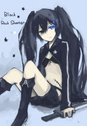 Rule 34 | 10s, 1girl, absurdres, bad id, bad pixiv id, bikini, black hair, black rock shooter, black rock shooter (character), blue eyes, boots, female focus, flat chest, glowing, glowing eyes, gradient background, highres, jl, katana, long hair, shorts, simple background, sitting, solo, star (symbol), swimsuit, sword, twintails, weapon