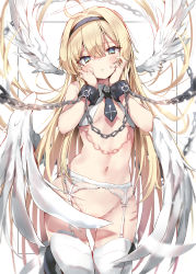 Rule 34 | 1girl, absurdres, ahoge, angel, black hairband, black neckwear, blonde hair, blue eyes, blurry, blurry foreground, blush, bottomless, breasts, chain, convenient censoring, cuffs, feathered wings, female focus, garter belt, garter straps, hairband, hands on own face, highres, long hair, medium breasts, navel, necktie, original, parted lips, shackles, short necktie, solo, thighhighs, toshizou (0714), very long hair, white thighhighs, wings