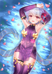 Rule 34 | 1girl, afloat, aged down, arm behind head, armpits, arms up, bare shoulders, blush, breasts, cocoasabure, cowboy shot, detached sleeves, earrings, fate/grand order, fate (series), from above, hair ribbon, highres, jewelry, kama (fate), kama (first ascension) (fate), looking at viewer, open mouth, red eyes, ribbon, silver hair, sketch, small breasts, smile, solo, thighhighs, water