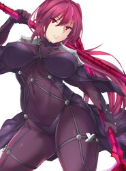 Rule 34 | 1girl, armor, bodysuit, breasts, covered navel, dual wielding, fate/grand order, fate (series), gae bolg (fate), highres, holding, holding weapon, kd, large breasts, long hair, looking at viewer, parted lips, pauldrons, polearm, purple bodysuit, purple hair, red eyes, scathach (fate), scathach (fate), shoulder armor, simple background, solo, spear, weapon