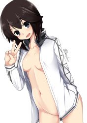 Rule 34 | 1girl, arm behind back, black hair, breasts, cowboy shot, hayasui (kancolle), highres, jacket, kantai collection, looking at viewer, medium breasts, naked jacket, nassukun, navel, no bra, no panties, one-hour drawing challenge, open clothes, short hair, grey eyes, simple background, solo, standing, track jacket, twitter username, v, white background, white jacket