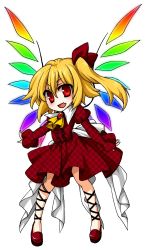 Rule 34 | 1girl, alternate costume, ankle lace-up, blonde hair, bow, brooch, cross-laced footwear, dress, female focus, flandre scarlet, full body, hair bow, highres, jewelry, mise yuzuki, outstretched arms, red eyes, short hair, side ponytail, solo, spread arms, touhou, white background, wings