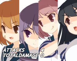 Rule 34 | &gt;:o, &gt;:p, &gt;:|, 4girls, :o, :p, :|, ahoge, akebono (kancolle), bandaid, bandaid on face, black hair, breasts, close-up, closed mouth, cut-in, disgaea, fang, kantai collection, large breasts, long hair, looking to the side, multiple girls, oboro (kancolle), open mouth, orange eyes, orange hair, parody, pink eyes, pink hair, portrait, purple eyes, purple hair, sazanami (kancolle), school uniform, serafuku, short hair, simple background, smile, text focus, tongue, tongue out, upper body, ushio (kancolle), v-shaped eyebrows, wamu (chartreuse), white background