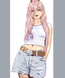 Rule 34 | 1girl, :d, arms behind back, belt, brown belt, chainsaw man, cowboy shot, grey shorts, hair between eyes, highres, horns, legs together, long hair, looking at viewer, mizumori keiichi, navel, open mouth, pink hair, power (chainsaw man), red horns, sharp teeth, shorts, smile, solo, standing, tank top, teeth, white tank top, yellow eyes