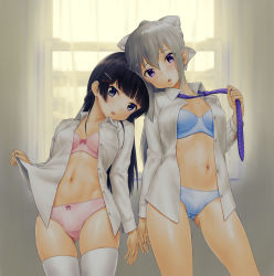 Rule 34 | 2girls, :p, backlighting, black eyes, black hair, bow, bow bra, bow panties, bra, commentary, cowboy shot, crotch seam, curtains, dress shirt, es (donnerschlag), gluteal fold, grey bow, grey hair, hair bow, hair ornament, hairclip, head tilt, highres, higuchi kaede, leaning on person, long hair, looking at viewer, mole, mole under eye, multiple girls, navel, necktie, necktie grab, neckwear grab, nijisanji, no pants, open clothes, open shirt, panties, parted lips, pink bra, pink panties, purple eyes, shirt, shirt grab, skindentation, standing, thighhighs, tongue, tongue out, tsukino mito, underwear, virtual youtuber, white shirt, window, wing collar
