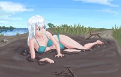 Rule 34 | 1girl, bare legs, blue eyes, blue sky, bra, branch, breasts, cloud, cloudy sky, fallen down, grass, highres, imwyp53, lake, landscape, looking back, lying, mud, on side, original, outdoors, path, plant, quicksand, road, sidelocks, sky, small breasts, stuck, tripping, underwear, water, white hair
