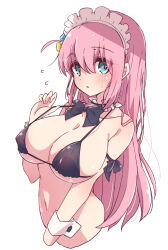 Rule 34 | 1girl, absurdres, aqua eyes, bikini, black bikini, black bow, black bowtie, bocchi the rock!, bow, bowtie, breasts, commentary, covered erect nipples, cube hair ornament, detached collar, gotoh hitori, hair between eyes, hair ornament, highres, large breasts, long hair, looking at viewer, maid, maid bikini, maid headdress, mel (melty pot), navel, pink hair, simple background, solo, swimsuit, unconventional maid, white background
