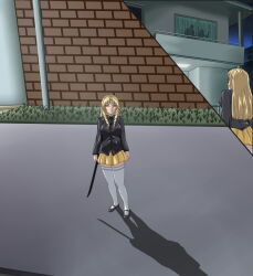 1boy 2girls bible_black blonde_hair breasts curtains did_you_tell_your_girlfriend_you_were_coming?_(meme) implied_sex large_breasts long_hair machete meme multiple_girls neighborhood night road shiraki_rika silhouette silhouette_sex skirt socks street weapon white_socks yellow_skirt