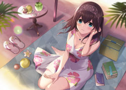 Rule 34 | 1girl, azuki yui, bare arms, bare shoulders, barefoot, beach, beach mat, black hair, blue eyes, blurry, book, book stack, breasts, cleavage, collarbone, day, depth of field, dress, floral print, flower, food, fruit, hairband, hand up, idolmaster, idolmaster cinderella girls, jewelry, large breasts, leaf, lens flare, long hair, looking at viewer, necklace, outdoors, print dress, sagisawa fumika, sitting, sleeveless, sleeveless dress, slippers, solo, sunlight, table, white dress