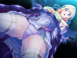 Rule 34 | 1girl, arms behind back, blonde hair, blue eyes, character request, female focus, game cg, hat, lusterise, night, open mouth, ribbon, shugo seijo prism saber, sky, solo, sweat, tentacles, thighhighs, wet, white thighhighs