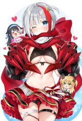 Rule 34 | &gt; &lt;, 3girls, :d, admiral graf spee (azur lane), admiral graf spee (world&#039;s cutest) (azur lane), admiral graf spee (world&#039;s cutest) (azur lane), admiral hipper (azur lane), admiral hipper (muse) (azur lane), ahoge, azur lane, bare shoulders, bike shorts, blonde hair, blue eyes, breasts, claws, commentary request, covered mouth, cowboy shot, deutschland (azur lane), green eyes, grey hair, hair ornament, headband, heart, heart hands, highres, holding, leg belt, long hair, looking at viewer, medium breasts, miniskirt, multicolored hair, multiple girls, navel, off shoulder, one eye closed, open mouth, red hair, red skirt, revision, scarf, short hair, shorts, shorts under skirt, sidelocks, sign, sino (sionori), skirt, smile, stomach, streaked hair, sweat, two side up, underboob, white background, xd