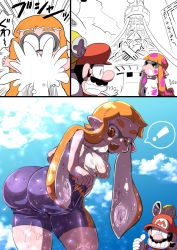 Rule 34 | !, &gt; &lt;, 1boy, 1girl, 3koma, :o, ^ ^, ass, bent over, bike shorts, black hair, breasts, closed eyes, cloud, cloudy sky, comic, covered erect nipples, crossover, crying, day, f.l.u.d.d., facial hair, fang, from behind, gradient background, grin, hat, highres, huge ass, inkling, inkling girl, inkling player character, kiwa (pokemonwars), mario, mario (series), motion lines, mustache, nintendo, open mouth, orange eyes, orange hair, paint stains, parody, pointy ears, shiny clothes, shirt, sky, small breasts, smile, splatoon (series), splatoon 1, spoken exclamation mark, style parody, super mario-kun, super mario sunshine, tentacle hair, thumbs up, tower, water, wet, wet clothes, white shirt